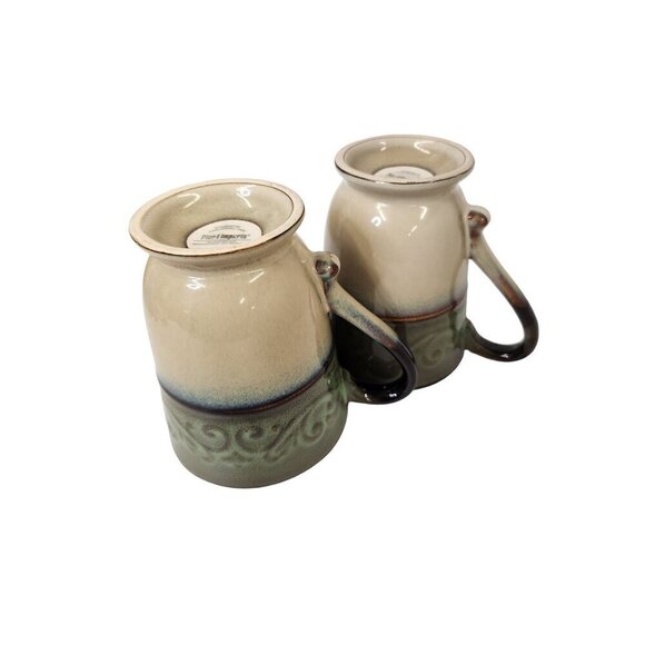 Set of 2 Pier 1 Imports Stoneware Mugs Green Beige 16 oz Microwave Dishwasher Sa - Picture 3 of 7